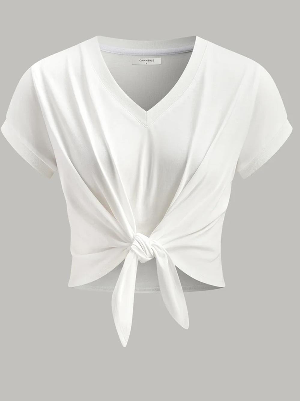Commense White Knot-Front V-Neck Crop Top
